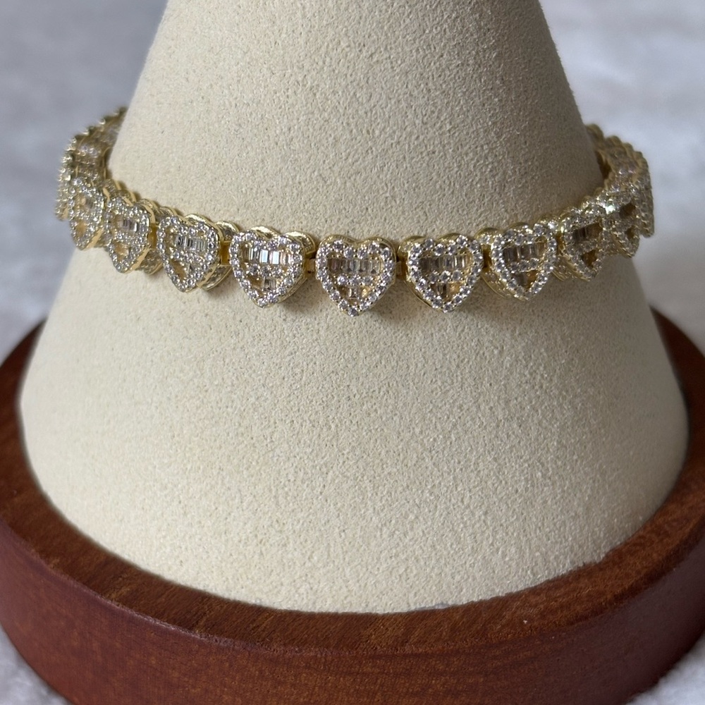 NEW AAA CZ Heart Tennis Bracelet 18k Yellow Gold over 925 Sterling Silver